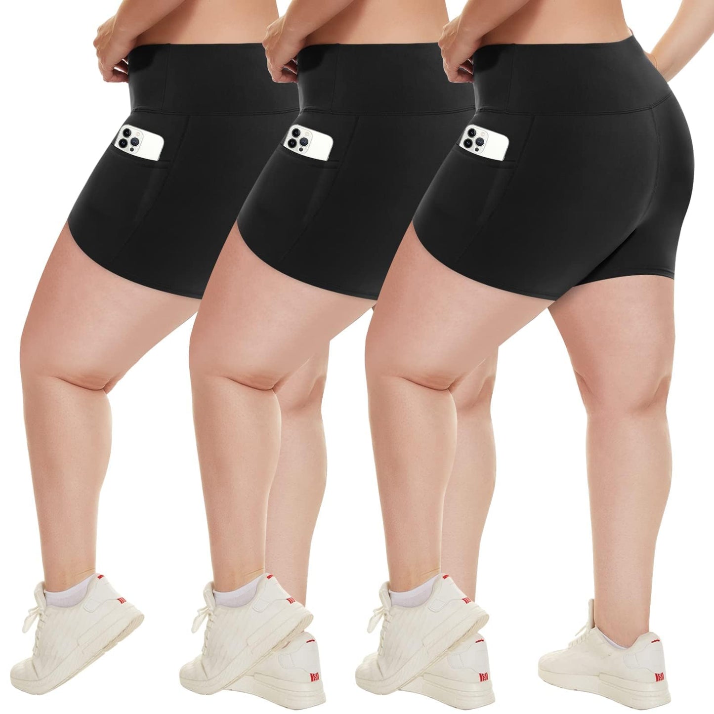 HLTPRO 3 Pack Plus Size Biker Shorts with Pockets for Women - 5" High Waist Soft Spandex Workout Yoga Running Shorts (2X, 3X)