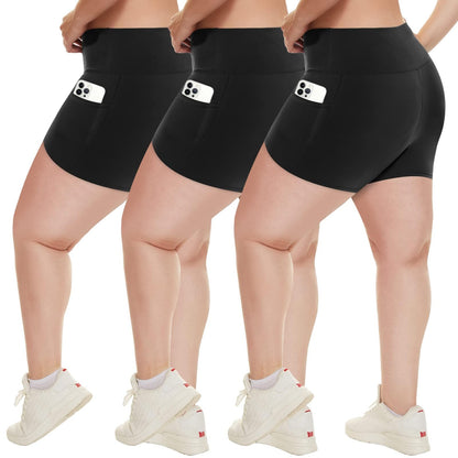 HLTPRO 3 Pack Plus Size Biker Shorts with Pockets for Women - 5" High Waist Soft Spandex Workout Yoga Running Shorts (2X, 3X)