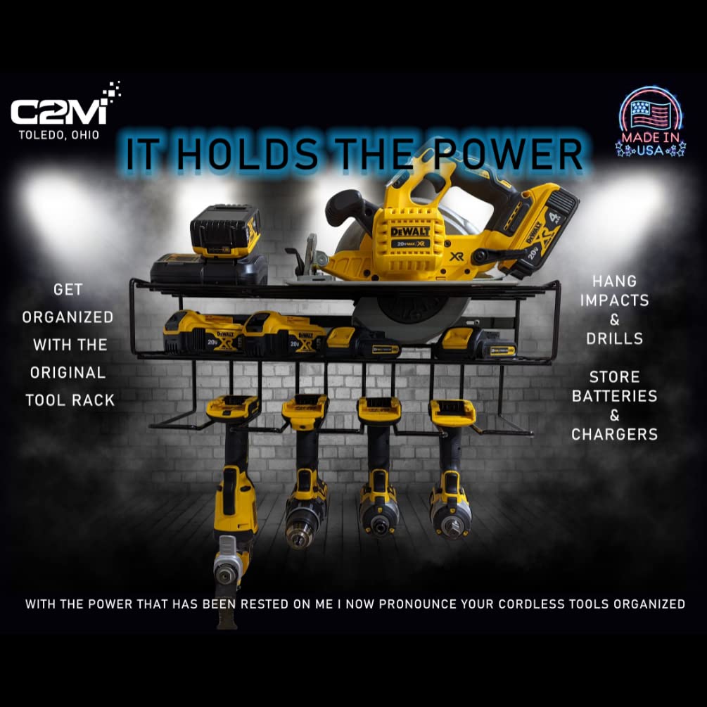 C2M Heavy Duty Floating Tool Shelf & Organizer | Wall Mounted Garage Storage Rack for Handheld & Power Tools | USA Made, 100# Weight Limit, Compact Steel Design | Perfect for Father's Day | Black