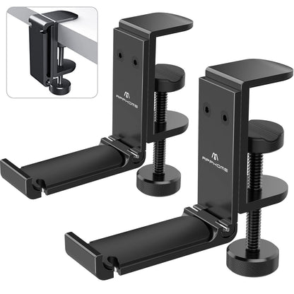 APPHOME 2Pack Upgrade Foldable Headphone Stand Under Desk PC Gaming Headset Hanger Holder Hook Clamp with Built in Cable Clip Organizer Space Save Mount Fold Upward Not in Use, Universal Fit, Black