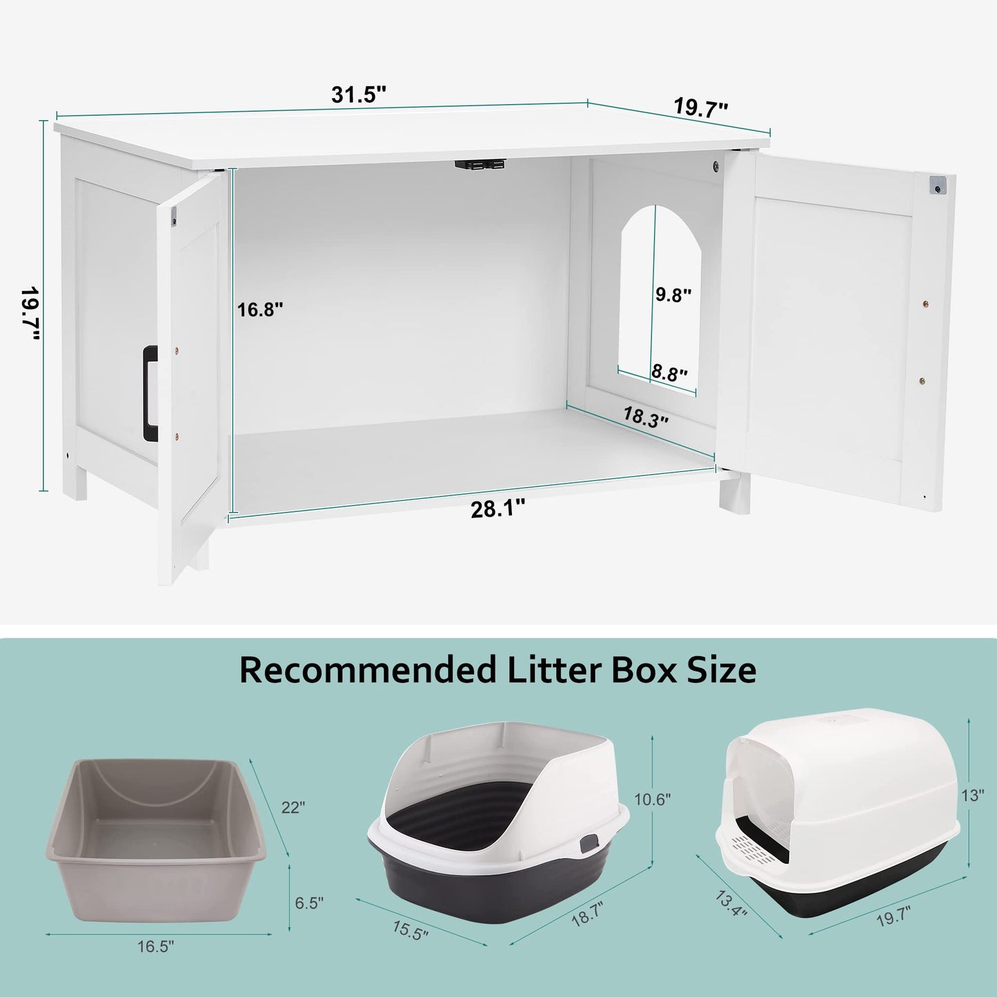 Homhedy Cat Litter Box Enclosure, Wooden Cat Washroom Furniture with Barn Door, Pet House, Fit Most of Litter Box, White