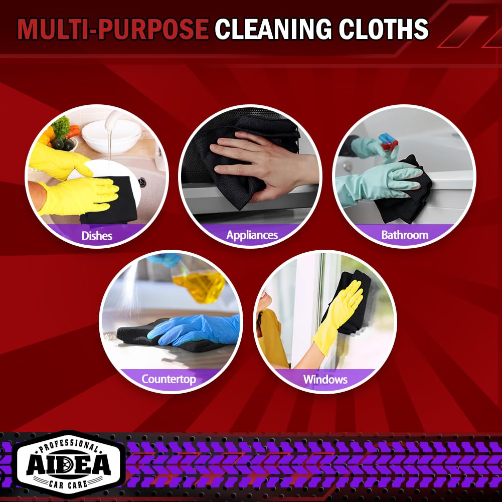 AIDEA Microfiber Cleaning Cloth Black 150PK, Microfiber Towels for Cars, Premium Car Cloths, Dusting Cloth Lint Free Cleaning Rags for SUVs, House, Kitchen, Window, Workshops,12×12"