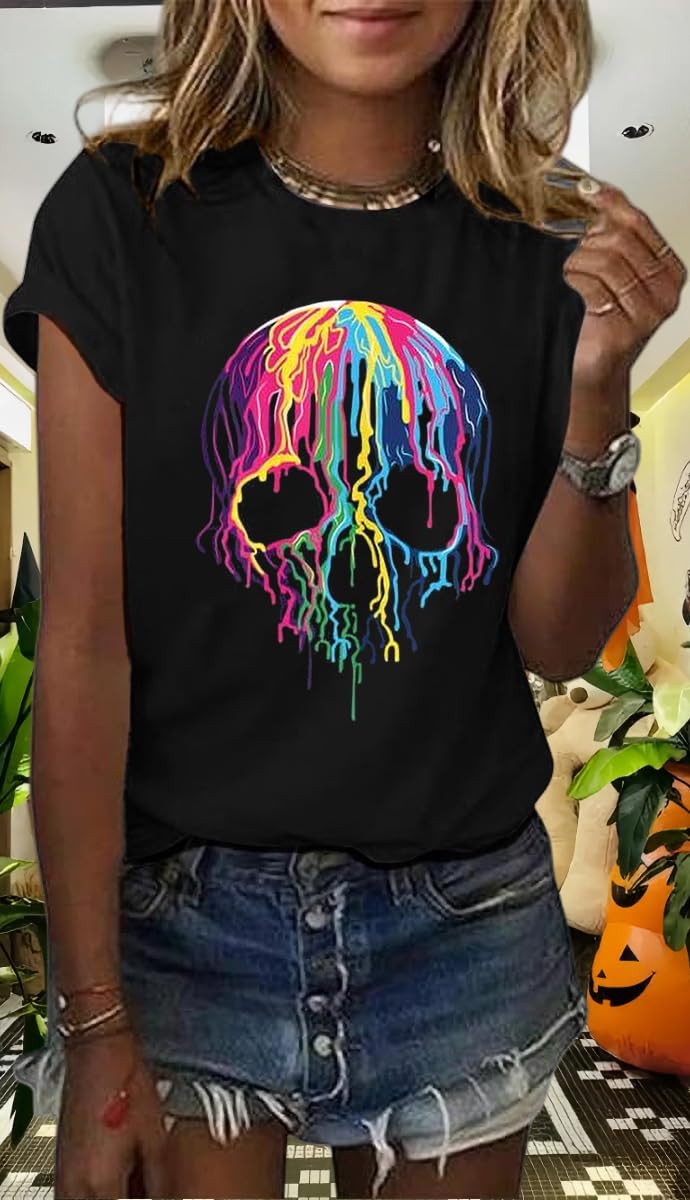 Women's Funny Colorful Melting Skull Shirt Halloween Fall Skeletons Graphic Short Sleeve Tee Scary Tops Blouse(XL,Black-03Skull)