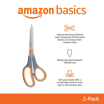 Amazon Basics Stainless Steel Scissors for Office, Crafts, Multipurpose, Sharp, Comfort Grip, PVD Coated, 2 Pack, Green and Grey