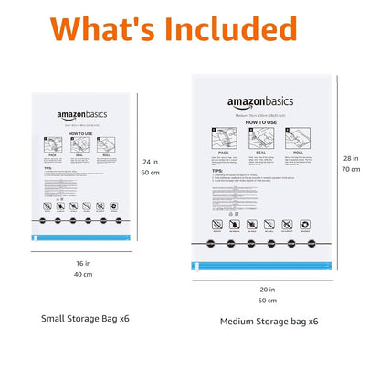 Amazon Basics Roll-Up Travel Zipper Storage Bags, 12 count (6 Small & 6 Medium), Multiple, Clear