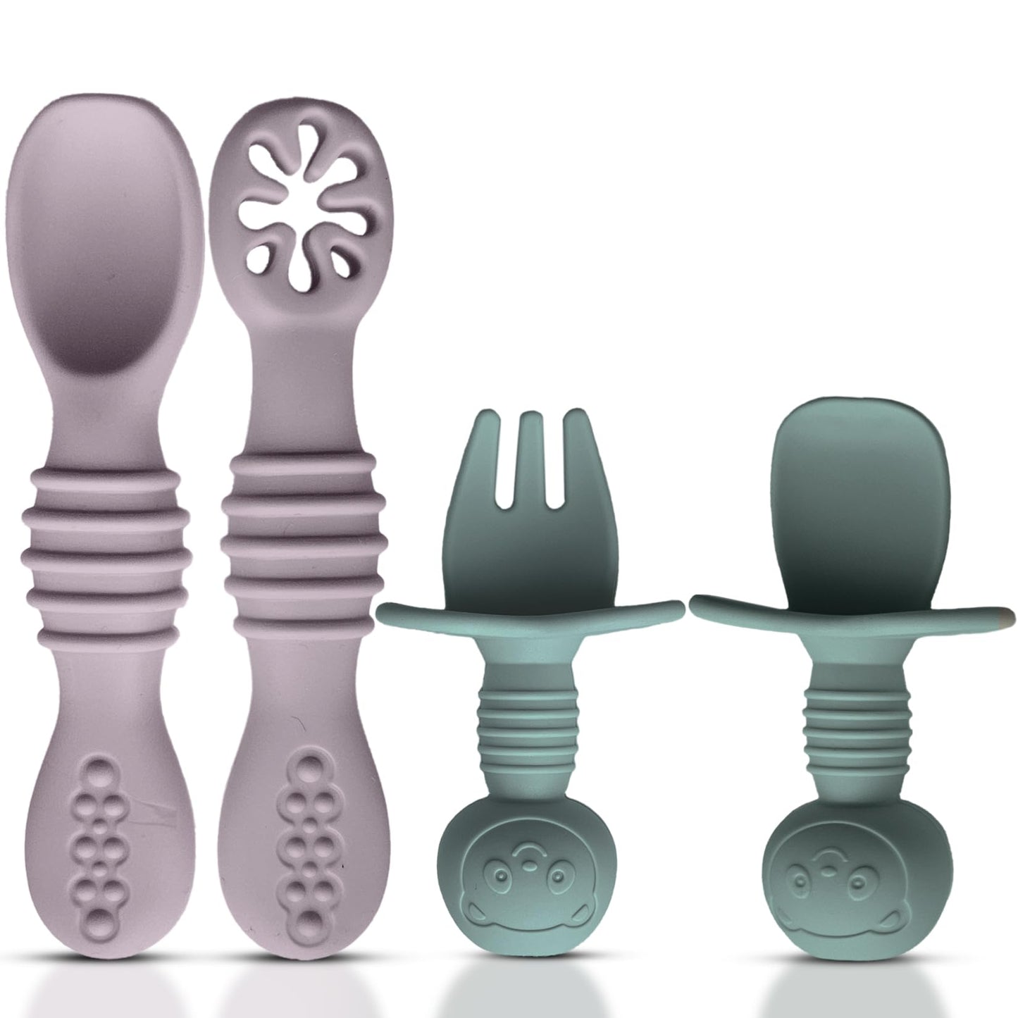 HippoBaby 4pc Silicone Baby Spoons Self Feeding Baby Utensils 6-12 Months - 3 Baby Spoon - 1 Baby Fork - Toddler Cutlery Set - BPA Free, Dishwasher Safe, Baby Eating Essentials (Light pink/Army Green)