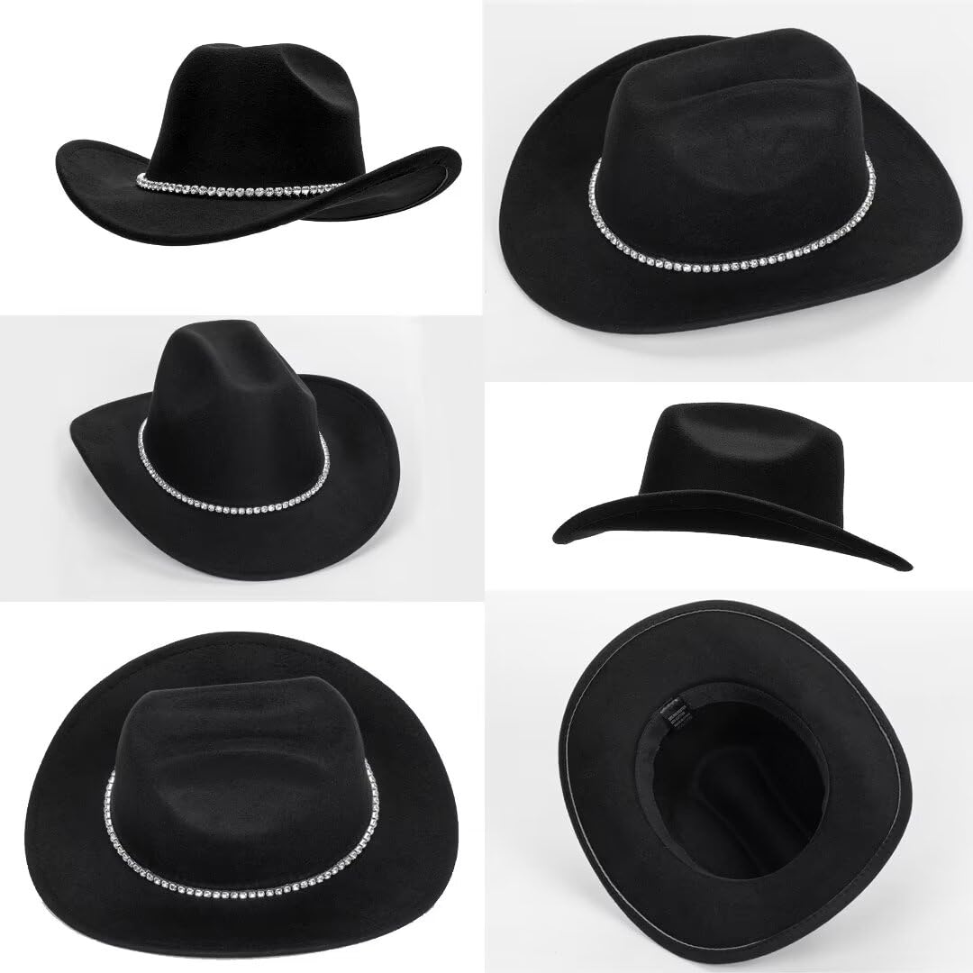 Women Sparkly-Rhinestone Western-Cowgirl-Hat Glitter-Bling Cowboy-Hat Felt-Rodeo-Hat for Disco-Party Medium/Large