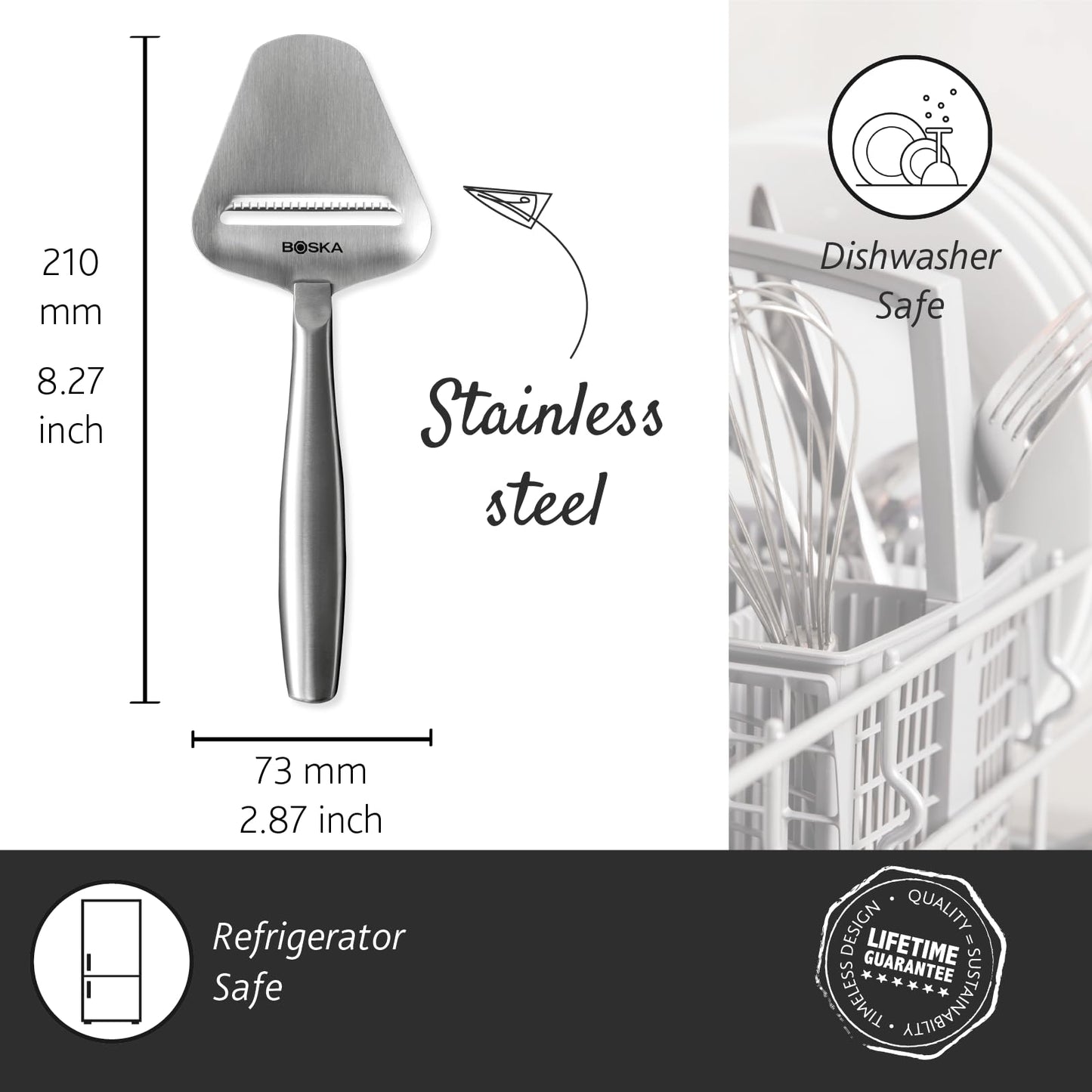 Boska Stainless Steel Cheese Slicer - Copenhagen For All Types of Cheese - Multi-Functional Cheese Slicer - Handheld Slicer - Silver Non-Stick - Dishwasher Safe - For Kitchen Cooking