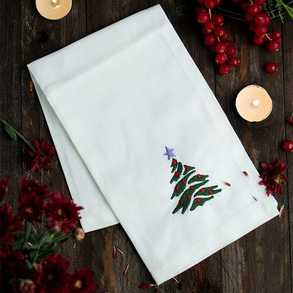 Candy Cottons Christmas Cloth Napkins White Dining Table Dinner Napkins|Washable Cotton Napkins Easter Basket Decor|Christmas Tree Embroidered 18x18 in White Pk of 6 Cocktail Party Napkins