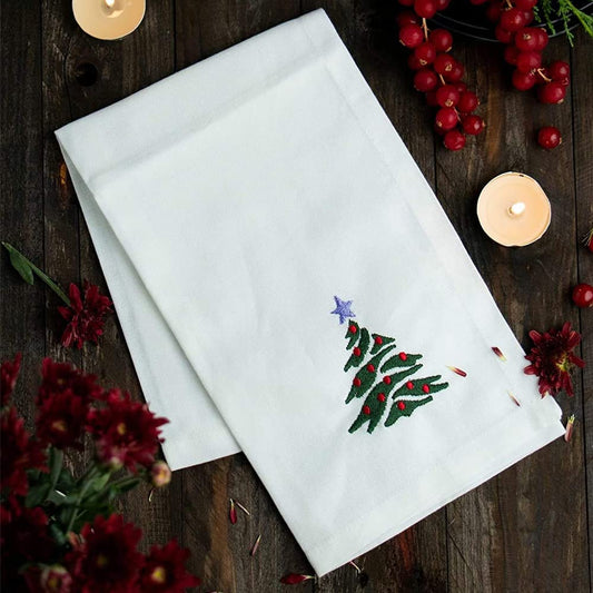 Candy Cottons Christmas Cloth Napkins White Dining Table Dinner Napkins|Washable Cotton Napkins Easter Basket Decor|Christmas Tree Embroidered 18x18 in White Pk of 6 Cocktail Party Napkins