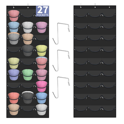 Hat Rack for Baseball Caps, 27 Pockets Over The Door Baseball Hat Organizer, Fitted Hat Storage for Closet Wall Mount Bag With Large Pockets & 3 Hooks, Hat Holder Hanger Organization to Display Caps