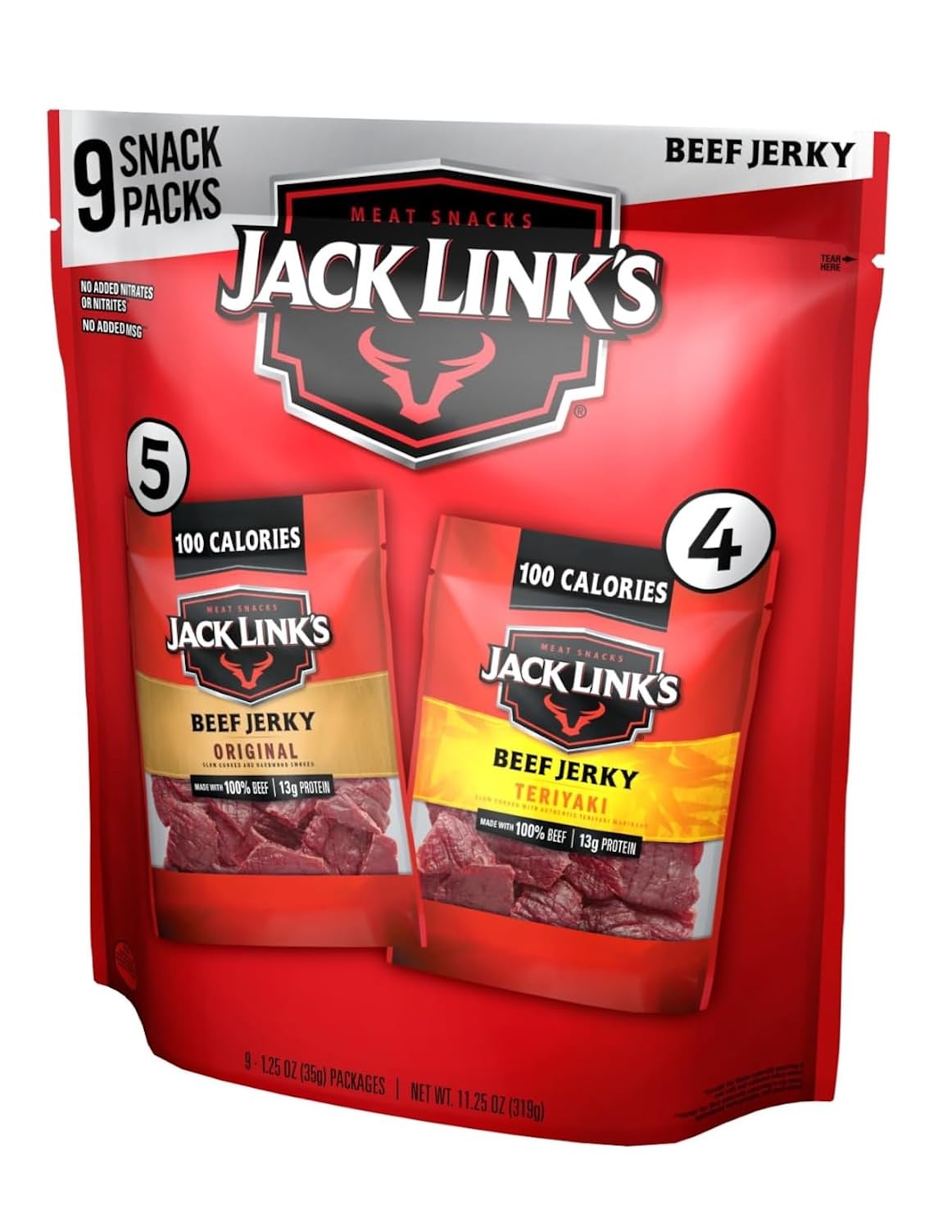 Jack Link's Beef Jerky Variety Pack - Includes Original and Teriyaki Jerky, Bulk Protein Snack Pack, Good Source of Protein, Meat Snacks Made with 100% Beef, Individual Bags - 1.25 Oz (Pack of 9)
