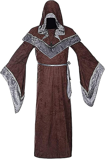 WISHU Mens Halloween Costume Sorcerer Robe, Medieval Vintage Renaissance Hooded Gown Cloak Cape (M (Length 61.4"), Coffee)