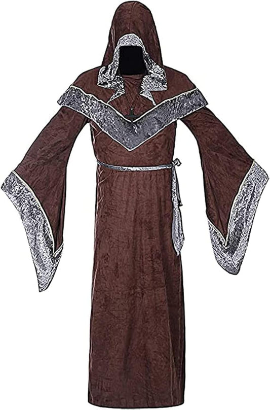 WISHU Mens Halloween Costume Sorcerer Robe, Medieval Vintage Renaissance Hooded Gown Cloak Cape (M (Length 61.4"), Coffee)