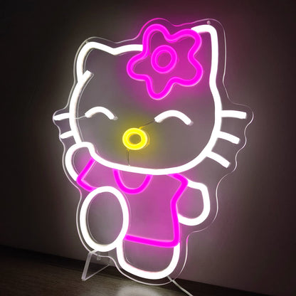 Hello Kit Neon Sign Dimmable Kitty Signs Kawaii Cat Anime Neon Led Sign Room Decor Lights for Girl's Room Child Bedroom Birthday Halloween Christmas Gift 14.7’’x12.5’’