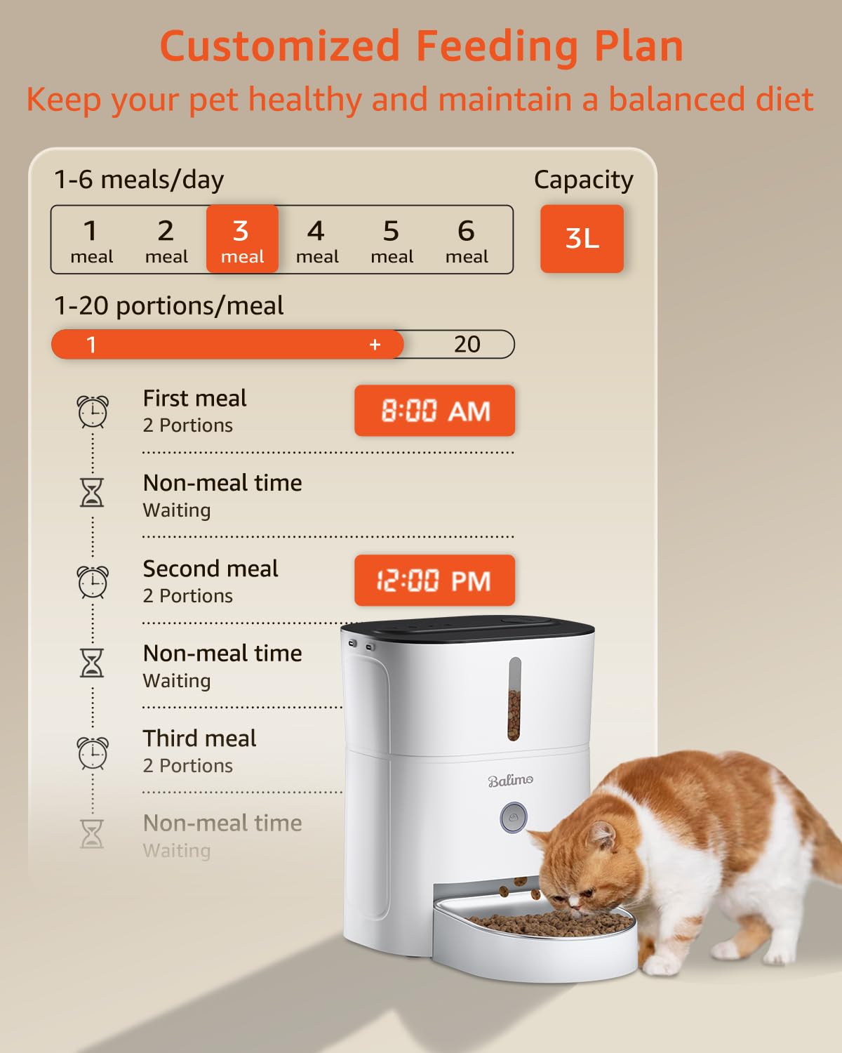 Balimo Automatic Cat Feeder, 3L, Stainless Steel Bowl, 1-6 Meals a Day, White