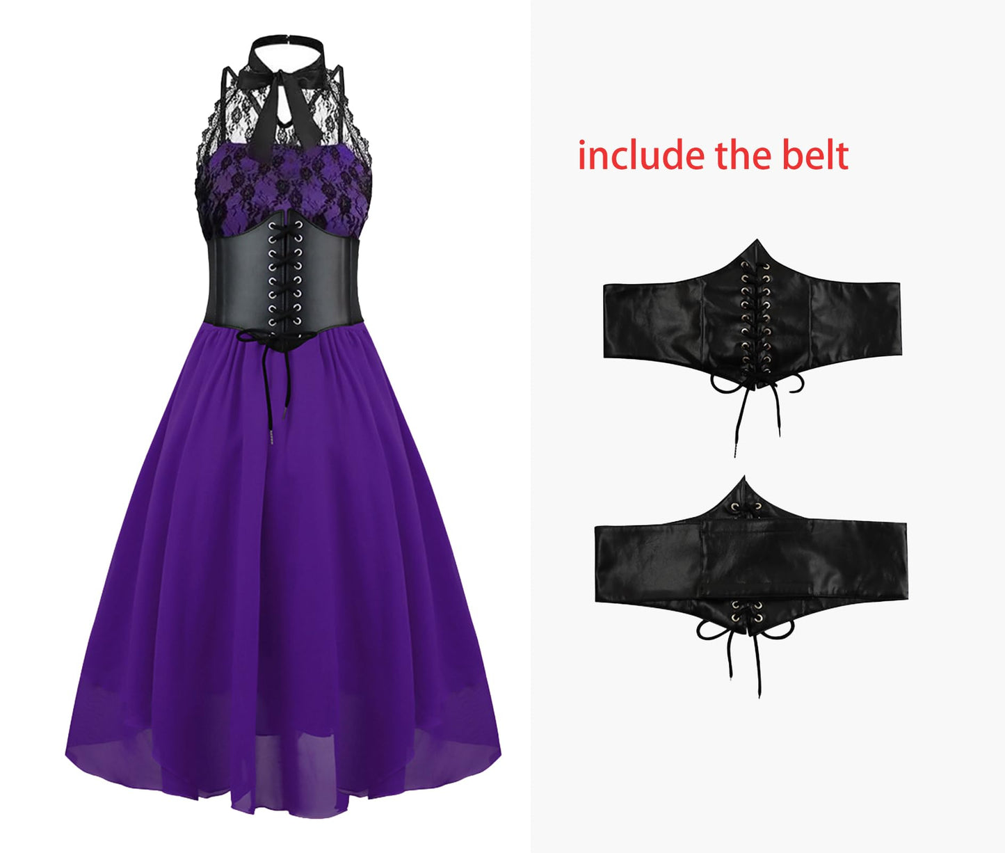 Women's Sleeveless Gothic Lace Dress with Corset Halter Lace Swing Cocktail Dress Purple Small
