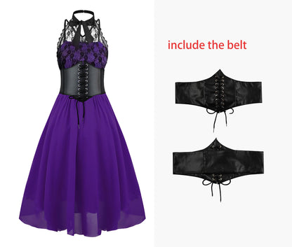 Women's Sleeveless Gothic Lace Dress with Corset Halter Lace Swing Cocktail Dress Purple Small