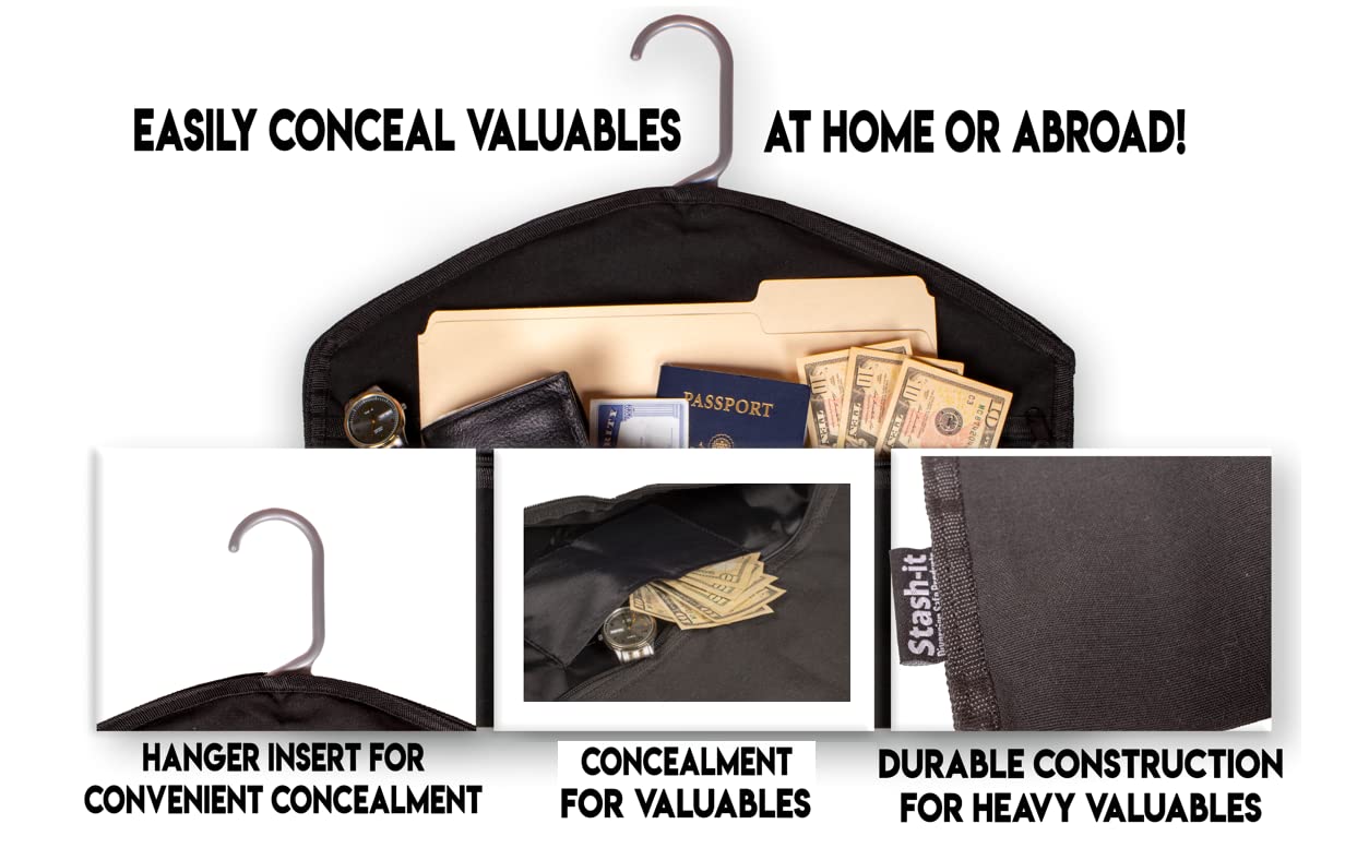 Hanger Diversion Safe by Stash-it, Hidden Pocket Safe, Fits Under Hanging Clothes with Pocket to Hide Valuables for Home or Travel