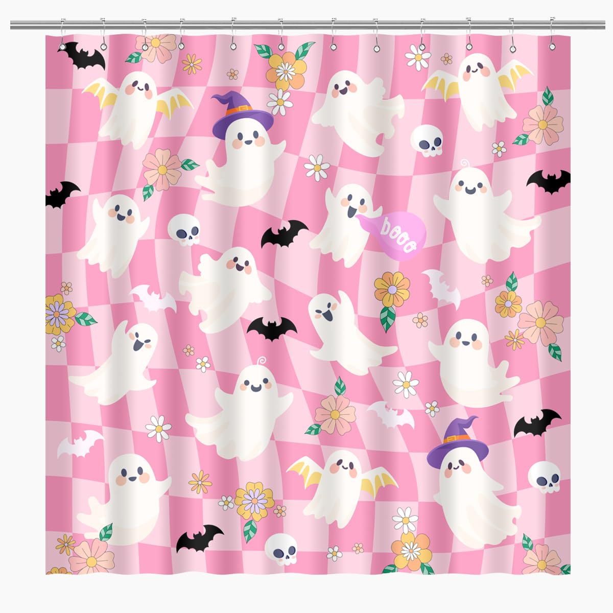 BIYSUC Halloween Ghost Shower Curtain Spooky Cute Funny Pink Checkered Retro Flower Skull Bat Trick or Treat Home Bathroom Decor Waterproof Polyester Fabric 72Lx72W Inch with Plastic Hooks