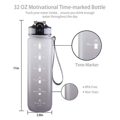 32 oz Water Bottle with Time Marker, Carry Strap, Leak-Proof Tritan BPA-Free, Ensure You Drink Enough Water for Fitness, Gym, Camping, Outdoor Sports (Black/Gray Gradient)