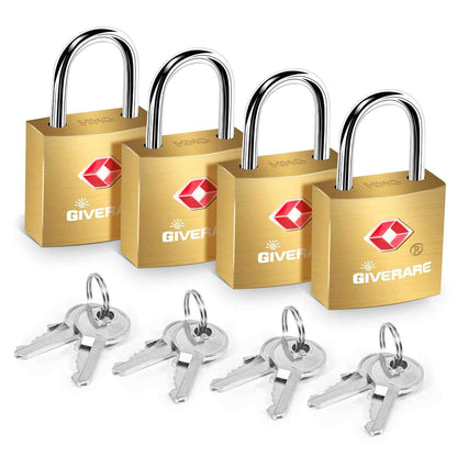 4 Pack TSA Approved Travel Luggage Locks with Keys, Solid Brass Copper Keyed Padlock, Small Locks for Suitcase, Backpack, Gym Locker, Jewelry Box, Gold-by GIVERARE