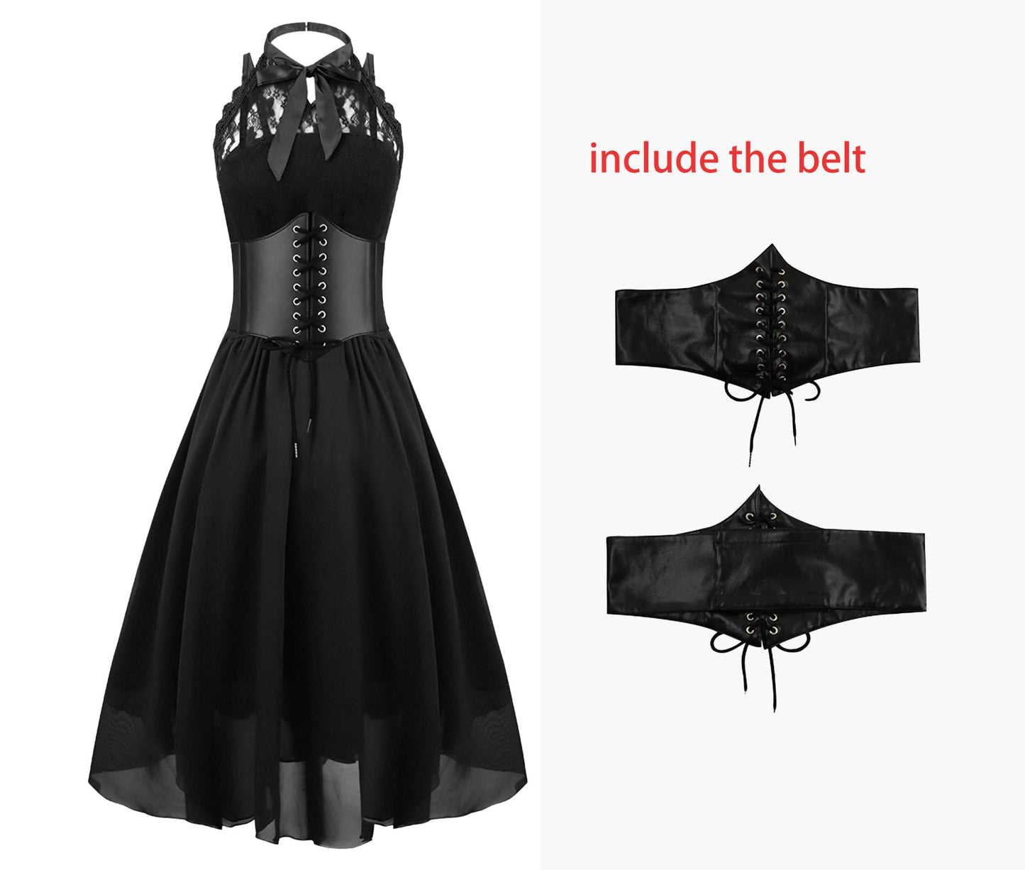 Women's Sleeveless Gothic Lace Dress with Corset Halter Lace Swing Cocktail Dress Black
