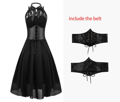Women's Sleeveless Gothic Lace Dress with Corset Halter Lace Swing Cocktail Dress Black