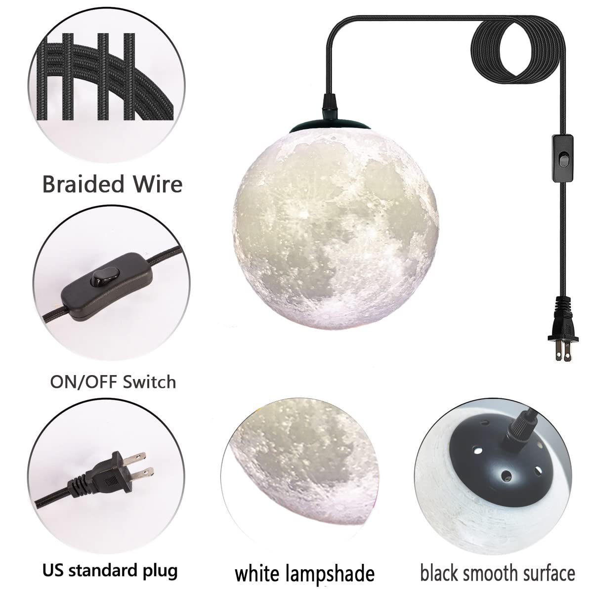 HFUGUD Plug in Pendant Lighting with Cord,Hanging Lamps That Plug Into Wall Outlet White,16.4Ft Hanging Light Cord with Switch,3D Paint Hanging Moon Light for Kids Room(Bulb Included)