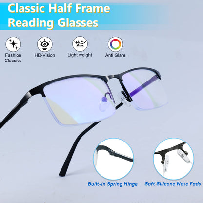 Anourney Blue Light Blocking Glasses, Lightweight Metal Half Frame Computer Reading/Gaming/TV/Phones Glasses,Filter UV Ray/Computer Glare with Spring Hinge Eyeglasses(2PCS Black)
