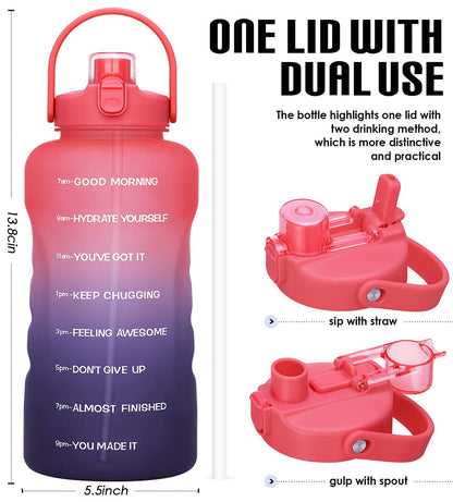 HydroPal 1 Gallon Water Bottles with Straw, 128 oz / 3.8L Water Bottle BPA Free Innovative 2-IN-1 Lid Gym Bottle with Times to Drink Motivational, Large for Sports Fitness Camping Water Jug One Gallon