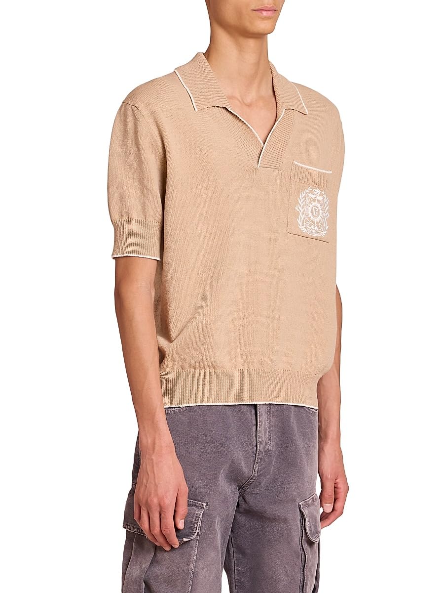 Balmain, Emblem Cotton-Blend Polo Shirt, Medium, Beige Natural