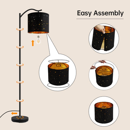 BoostArea Floor Lamp for Living Room,LED Arched Tall Modern Standing Lamp with Bohemian Linen Shade, E26 Socket, Footswitch,Black Mid Century Floor Lamp for Bedrooms,Office,Star Shade