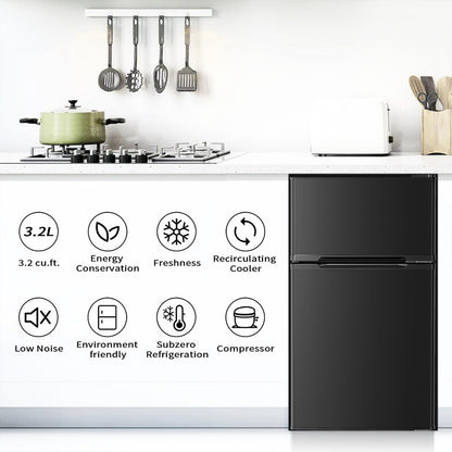 Antarctic Star Mini Compact Refrigerator, 3.2 Cu.Ft. Separate Freezer Double 2-Door Adjustable Removable Shelves for Apartment/Dorm/Office,BLACK