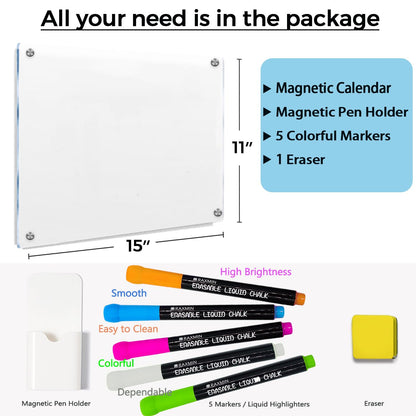 Acrylic Note Board Refrigerator Dry Erase Board Magnetic Clear 15”x11 Includes 4 Dry Erase Markers