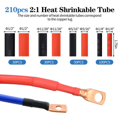 Cable Lug Crimping Tool with 170pcs Copper Wire Lugs, Wire Crimping Tool for AWG 10-1/0 Electrical Lug Crimper, with Cable Cutter, 210pcs Dual Wall Adhesive Heat Shrink Tubing