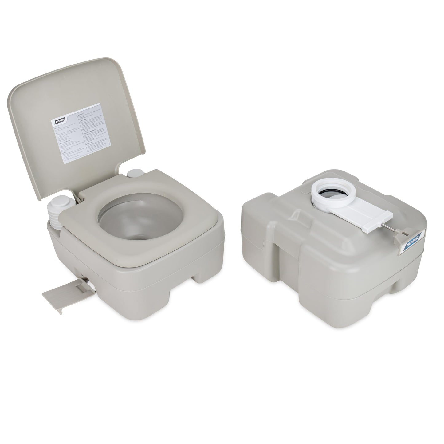 Camco 5.3-Gallon Portable Toilet - Features Detachable Holding Tank w/Sealing Slide Valve & Bellow-Type Flush - Easy Transport w/Compact Lightweight Design & Carry Handle - Gray (41541)