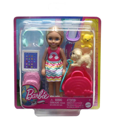 Barbie Chelsea Doll & 6 Accessories, Travel Set with Puppy, Pet Carrier & Backpack that Opens & Closes, Blonde Small Doll
