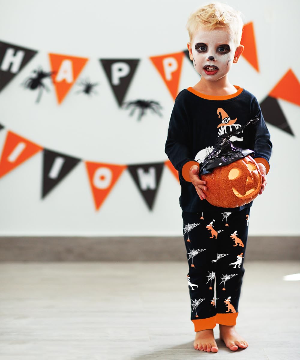Boys Pajamas Halloween Shirt & Pants Pjs Glow in the Dark Dinosaur with Cobweb Kids Jammies 6t 7t