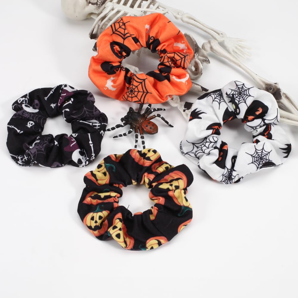 4pcs Halloween Hair Ties Elastics Hair Scrunchies Pumpkin Ghost Skeleton Spider Web Bats Hair Accessories for Women Girls Ponytail Holder Hair Band Ropes