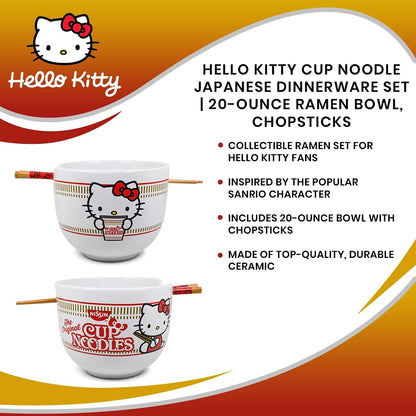 Hello Kitty Cup Noodles Japanese Ceramic Dinnerware Set | Includes 20-Ounce Ramen Bowl and Wooden Chopsticks | Asian Food Dish Set For Home Kitchen | Kawaii Anime Gifts, Official Sanrio Collectible