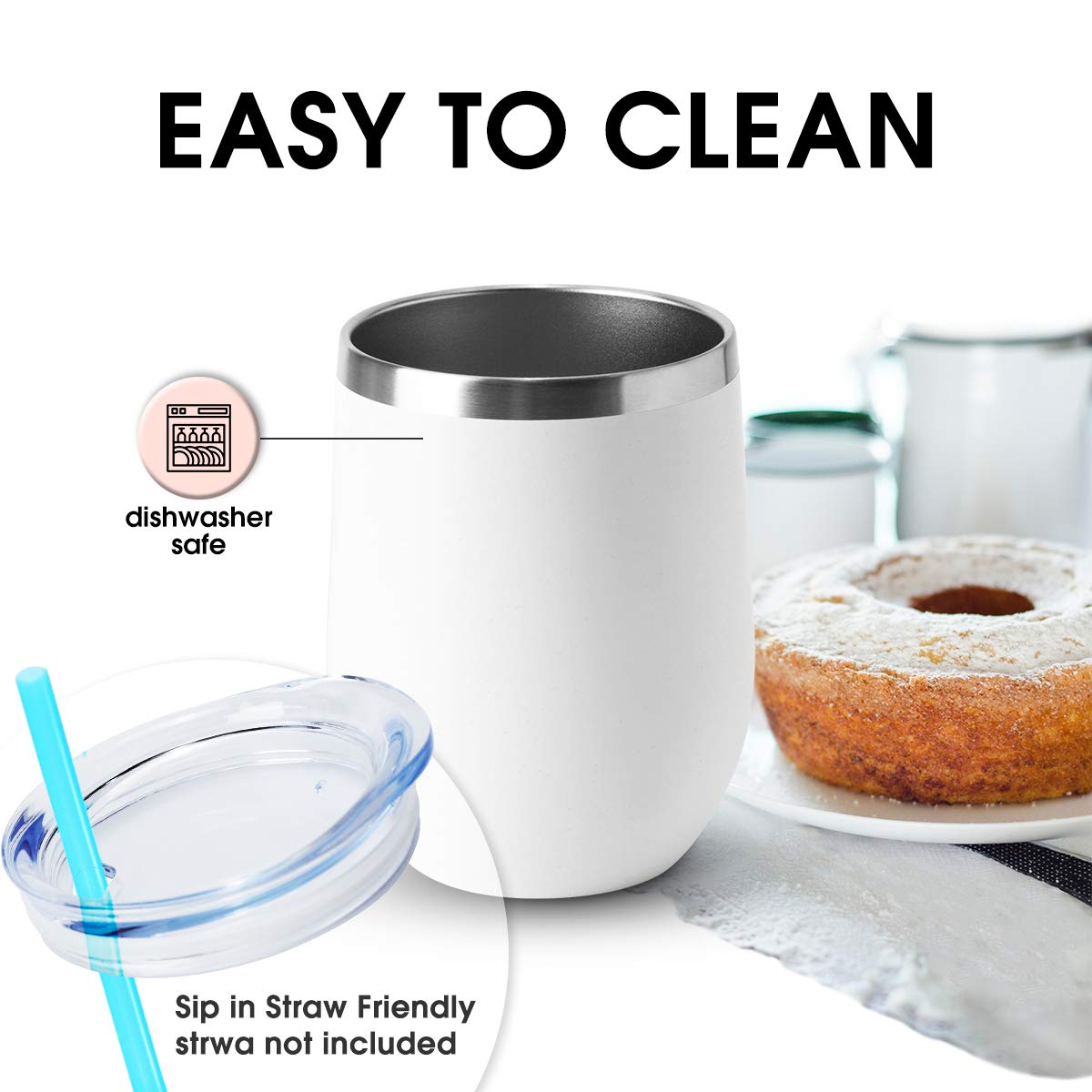 HASLE OUTFITTERS 12oz Wine Tumbler with Lid Stemless Wine Glasses Double Wall Vacuum Travel Mugs stainless steel Coffee Cup for Cold & Hot Drinks Wine Coffee Cocktails Beer 12 Pack White