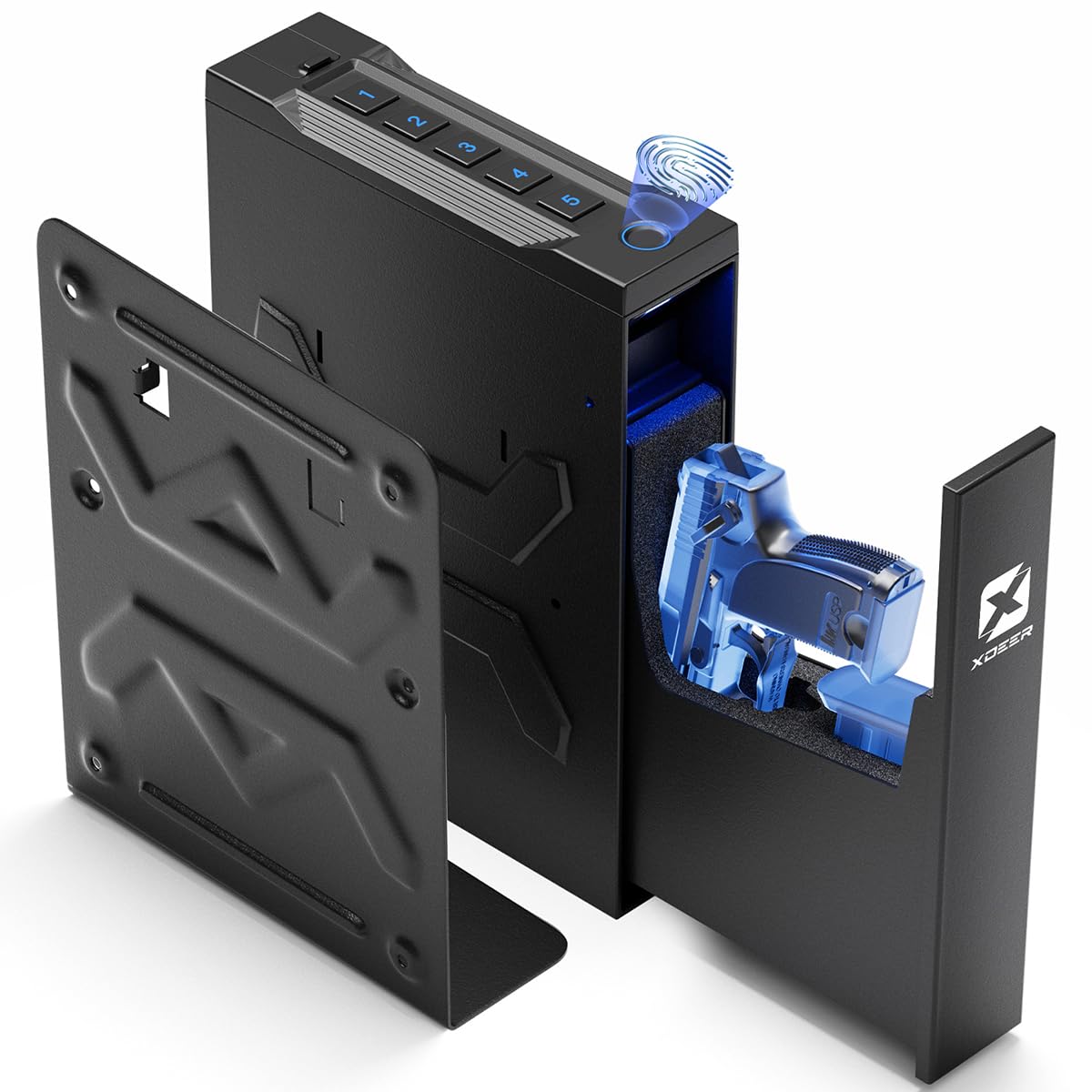 Biometric Gun Safe for Nightstand, Desk, Bedside Mounted, Auto Open Pistol Safe, Drawer Handgun Safe with Internal LED light, Silent mode, Quick Access Gun Lock Box with Fingerprint, PIN Code, Key