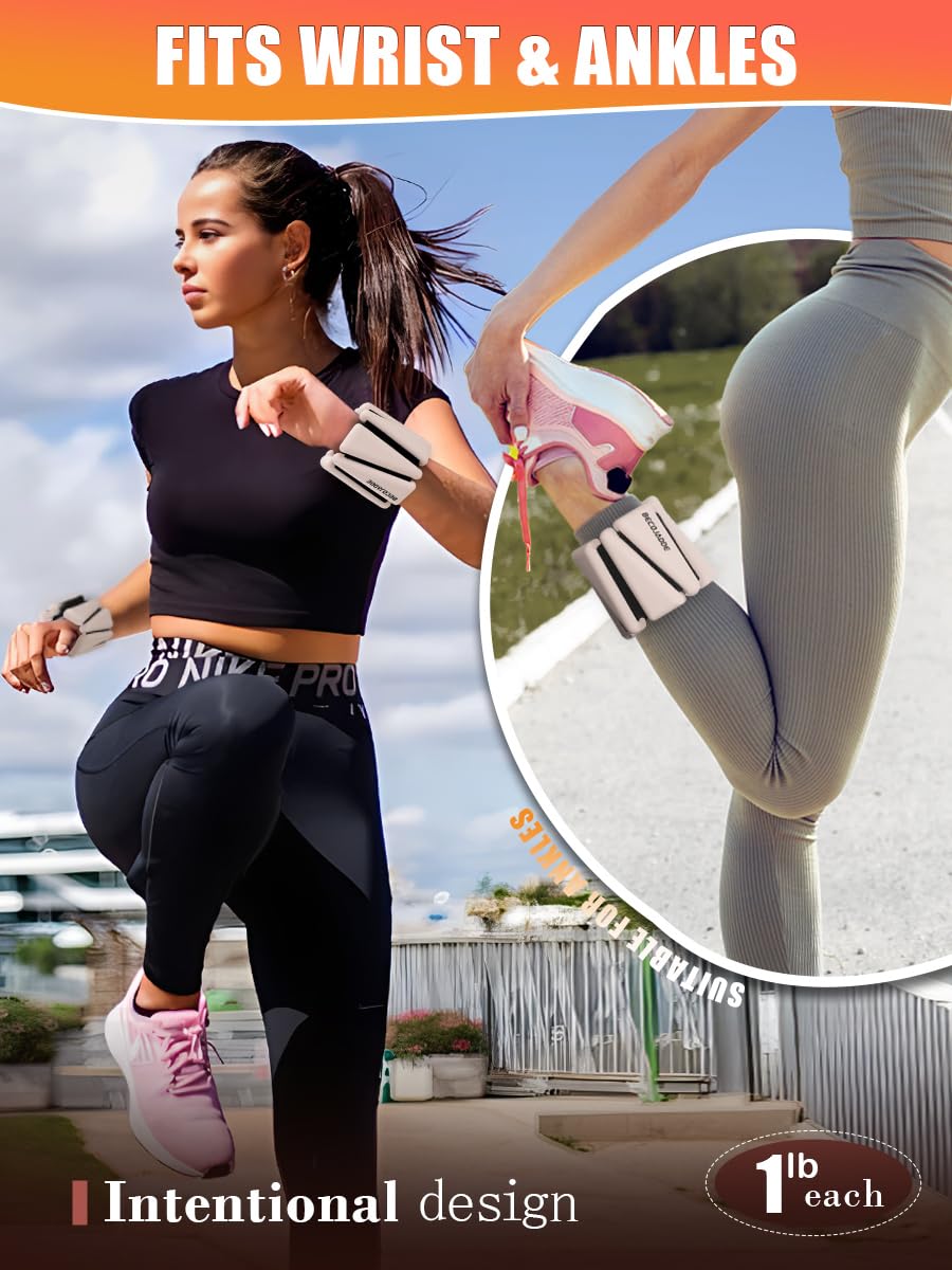 BECOJADDE Wrist Ankle Weights Adjustable Training Intensity for Strength Training Walking Running Yoga Pilates Jogging for Women Men Set of 2 (2 lb Each), Beige