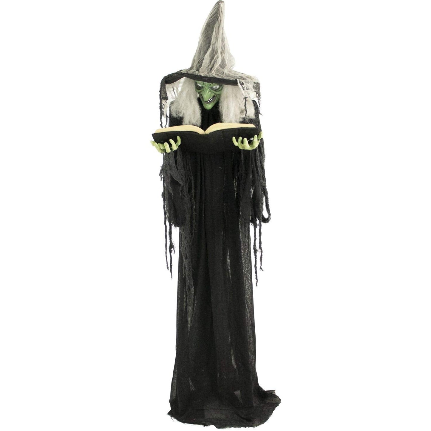 Haunted Hill Farm Life-Size Talking Witch Holding Spell Book, Halloween Animatronic with Touch Activated Lights and Sound, Poseable, Battery Operated Indoor or Covered Outdoor Halloween Decorations