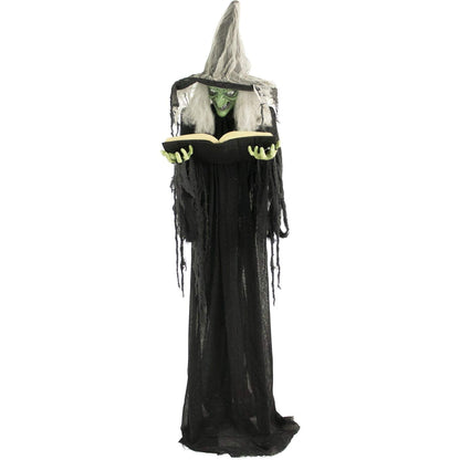 Haunted Hill Farm Life-Size Talking Witch Holding Spell Book, Halloween Animatronic with Touch Activated Lights and Sound, Poseable, Battery Operated Indoor or Covered Outdoor Halloween Decorations
