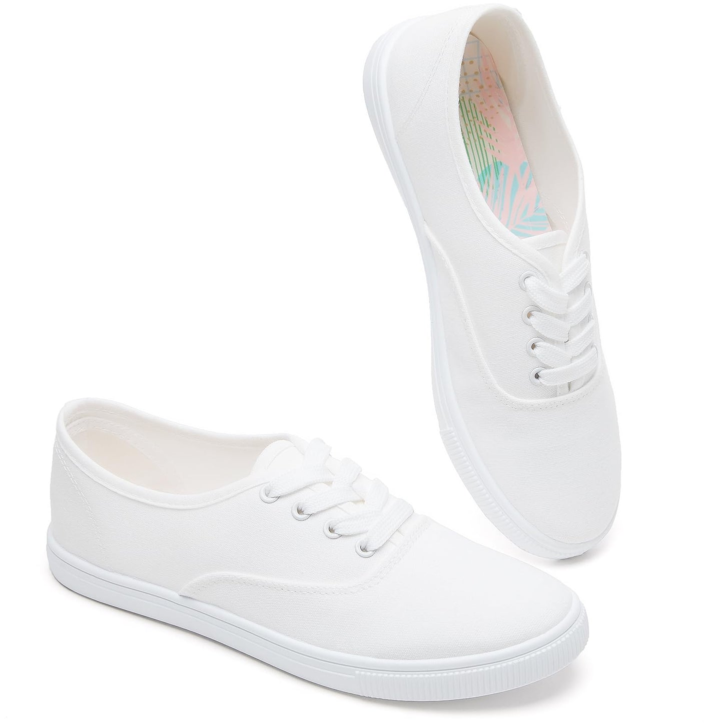 Womens Classic White Sneakers,Low Top White Canvas Shoes,Lightweight Casual Canvas Sneakers(White Flower.US8)
