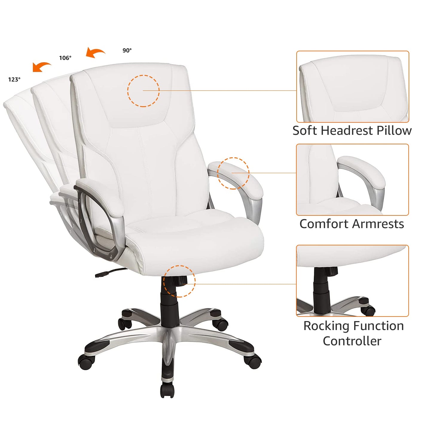 Amazon Basics Executive Home Office Desk Chair with Padded Armrests, Adjustable Height and Tilt, Rolling Swivel Chair, 275 Pound Capacity, White and Pewter