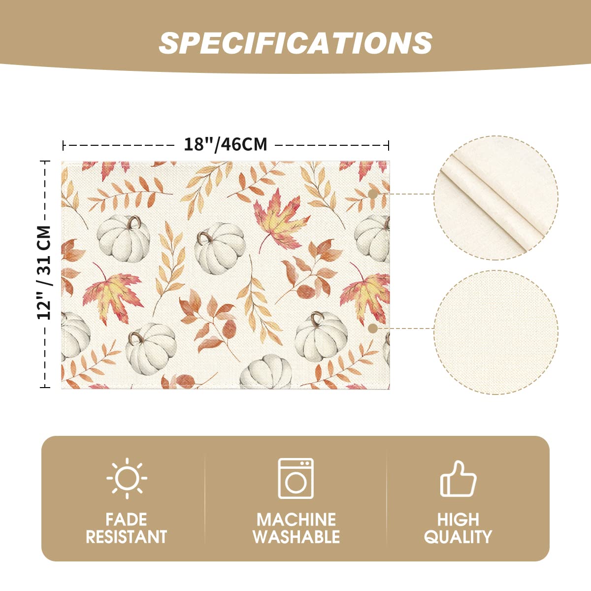 Artoid Mode Orange Maple Leaf Pumpkin Fall Placemats Set of 4, 12x18 Inch Seasonal Autumn Table Mats for Party Kitchen Dining Decoration