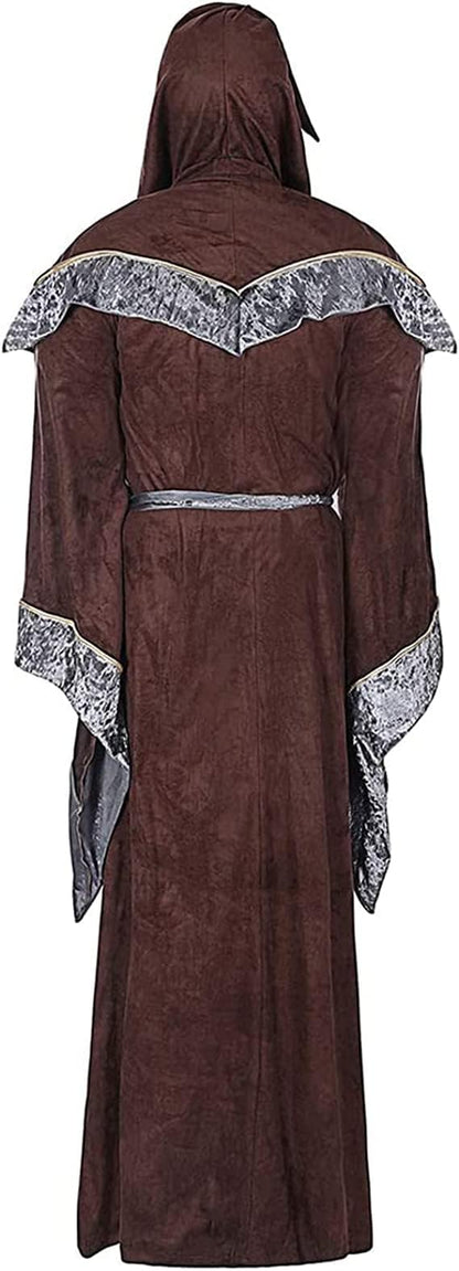 WISHU Mens Halloween Costume Sorcerer Robe, Medieval Vintage Renaissance Hooded Gown Cloak Cape (M (Length 61.4"), Coffee)